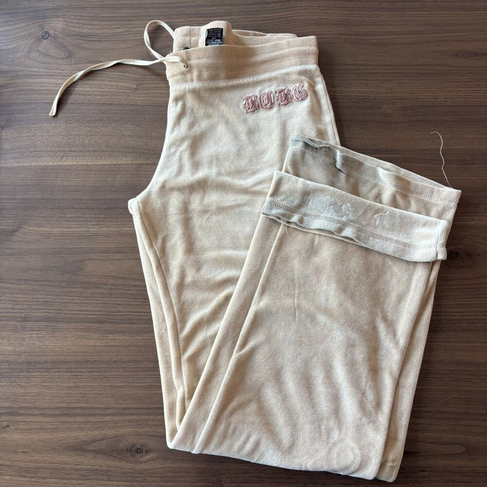 Vintage BCBG Light Mustard Embroidered Spell Out Velvet Wide Cargo Pants - Small